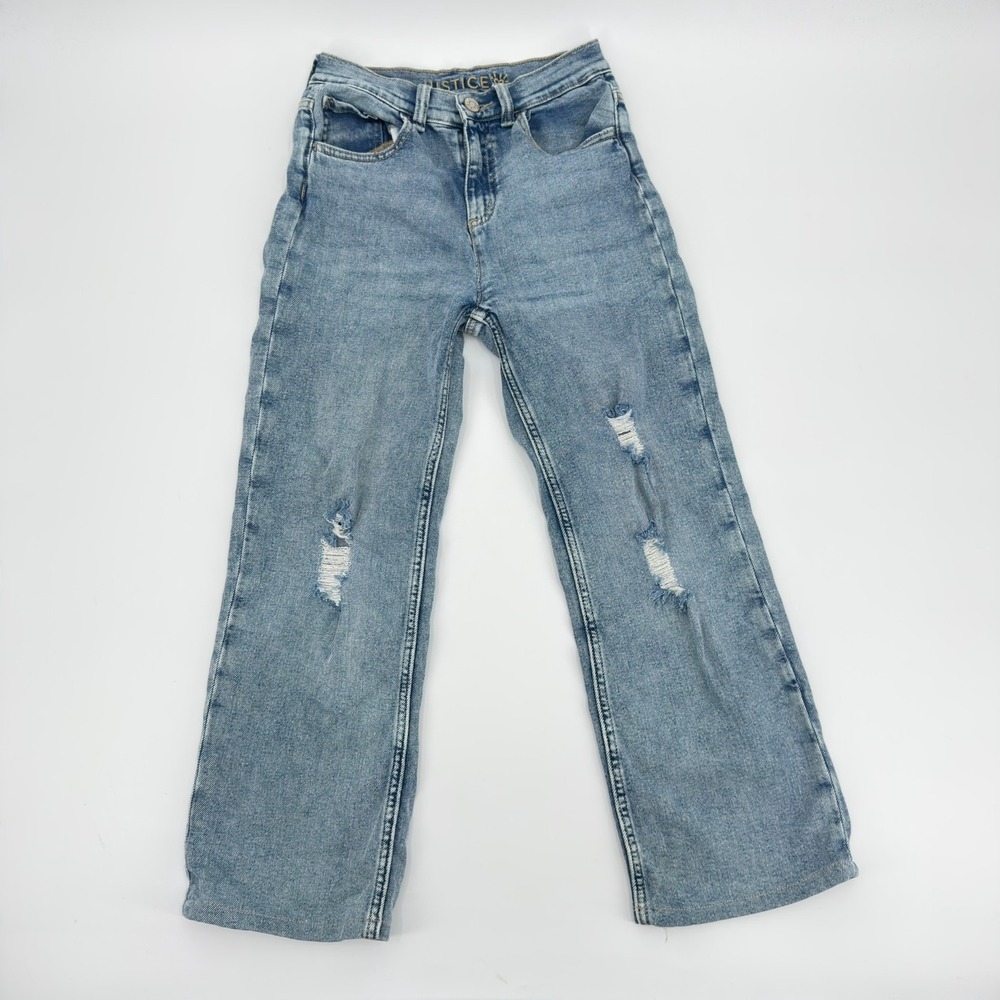 Justice Girls Size 14 Light Wash Wide Leg Distressed Ripped Denim Jeans
